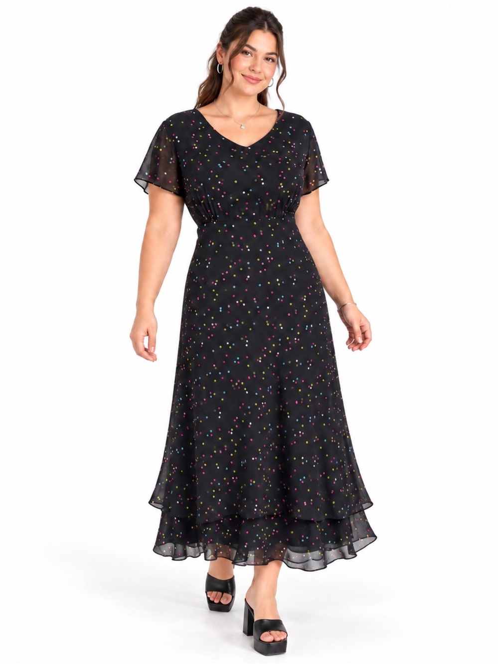 Vintage Y2K Talbots Pure Silk Black Multicolour Polka Dot Maxi Dress 18